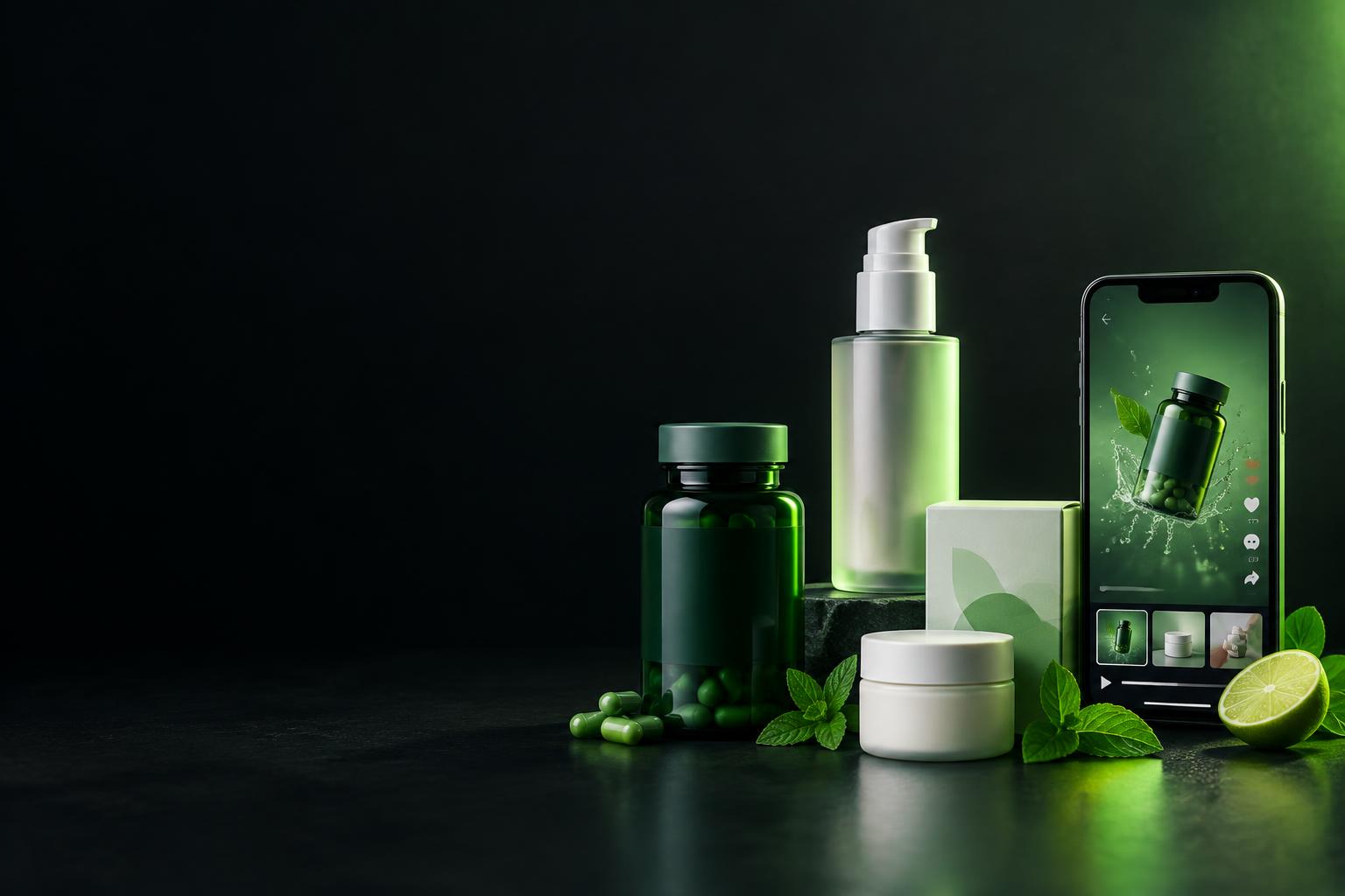 Illustrative ecommerce products and a smartphone shopping interface
